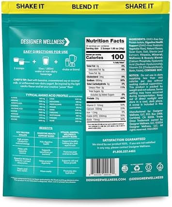 Designer Wellness Soy Isolate Protein Powder With Biotin Hyaluronic Acid And Prebiotics Vegan 0 Sugar Nongmo Angel Cake Vanilla 1.87 Lb
