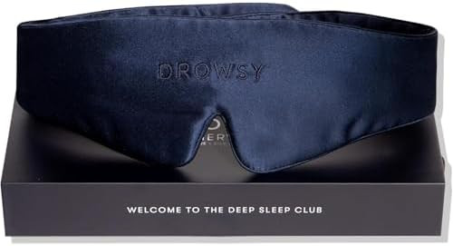 Drowsy Featherweight Silk Sleep Mask “ Luxury Blackout Eye Mask For Sleeping & Travel 100% Mulberry Silk Lightweight Comfort Adjustable Strap Protects Skin & Hair Midnight Blue