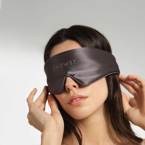 Drowsy Featherweight Silk Sleep Mask “ Luxury Blackout Eye Mask For Sleeping & Travel 100% Mulberry Silk Lightweight Comfort Adjustable Strap Protects Skin & Hair Moonlight Shadow
