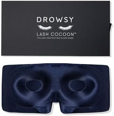 Drowsy Eyelash Protecting Silk Sleep Mask For Natural Lashes & Extensions. Deep Eye Cups Zero Pressure Total Blackout Full Wraparound (Midnight Blue)