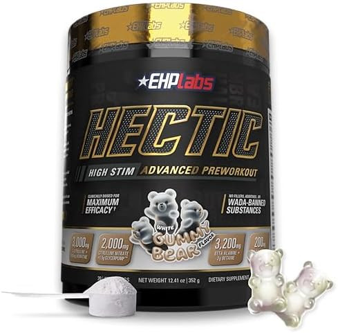 Ehp Labs Hectic Preworkout High Stim Advanced Pre Workout Powder For Max Performance Caffeine Beta Alanine Coconut Water Energy Pump Recovery & Hydration 40 Serves (White Gummy)