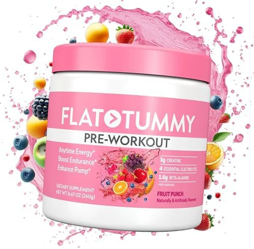 Flat Tummy Pre Workout Powder For Women “ Energy Endurance And Muscle Support With 3G Creatine 1.6G Betaalanine Electrolytes “ Fruit Punch Flavor “ 30 Servings