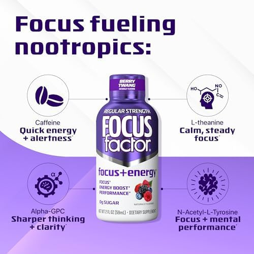 Focus Factor Focus + Energy Shots 12 X 2Oz Bottles (Berry Twang Flavor) Powered By Nootropics With Caffeine Ltheanine Ginkgo Bacopa Ltyrosine Alpha Gpc