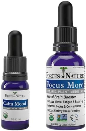 Forces Of Nature Calm Mood (0.34 Fl Oz) & Focus More (1 Fl Oz) Bundle “ Organic Sublingual Tinctures With Plantbased Ingredients To Relieve Stress Boost Mood Sharpen Focus & Support Clarity