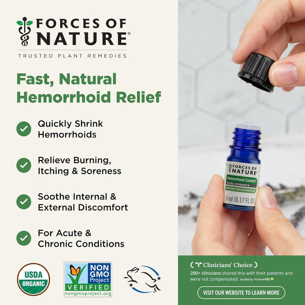 Forces Of Nature Hemorrhoid Control Extra Strength Organic Homeopathic Medicine With Witch Hazel Horse Chestnut And Soothing Essential Oils For Itching Swelling & Discomfort 5Ml (0.17 Fl Oz)