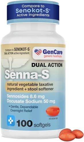 Gencare Sennas Natural Vegetable Laxative Plus Stool Softener Dual Action (200 Tablets) Value Pack Gentle Dependable Overnight Relief Of Occasional Constipation Uniqus For Senokots