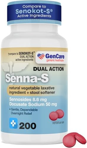 Gencare Sennas Natural Vegetable Laxative Plus Stool Softener Dual Action (200 Tablets) Value Pack Gentle Dependable Overnight Relief Of Occasional Constipation Uniqus For Senokots