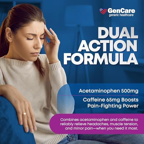 Gencare Tension Headache Relief Pain Reliever With Acetaminophen 500 Mg & Caffeine 65 Mg (200 Caplets) Best Value Bulk Extra Strength For Head Migraine Joint Pain & Body Ache Relief Medicine
