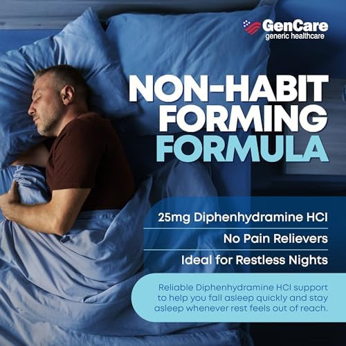 Gencare Sleep Aid Diphenhydramine Hcl 25Mg Blue Caps (100 Caplets) Non Habit Forming Nighttime Sleeping Pills For Adults To Fall Asleep Faster & Sleep Deeper Through The Night Sleep Aids