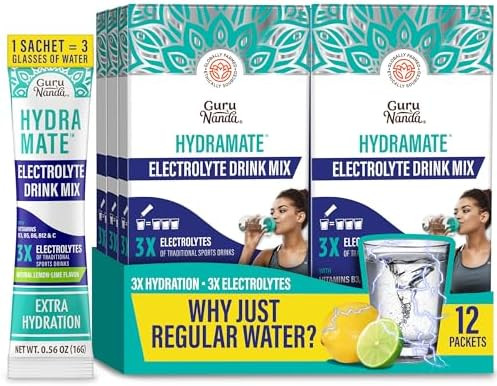 Gurunanda Hydramate Hydration Support Drink Mix Electrolyte Powder Packets For Dehydration Exercise & Energy No Added Sweeteners Nongmo Natural Lemon Lime Flavor 48 Count (0.56 Oz Each)
