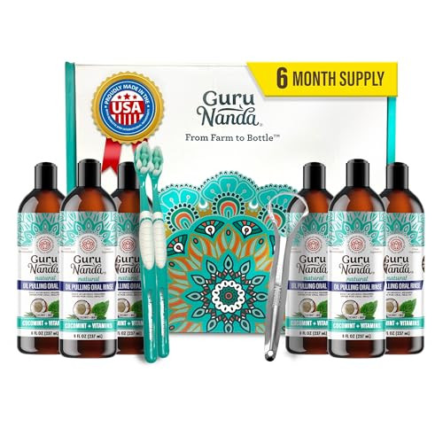 Gurunanda Cocomint Oil Pulling Mouthwash For Complete Oral Hygiene 7 Essential Oils & Vitamins For Happy Teeth & Gums & Fresh Breath Alcohol 33.8 Fl Oz/1L