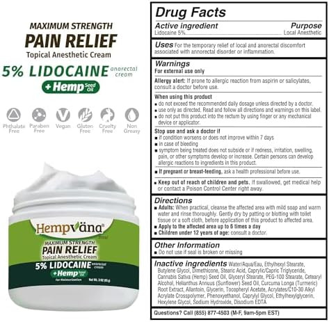 Hempvana 5% Lidocaine Relief Cream Maximum Strength Asseenontv Strong Cream Numbs Irritated Nerves For Fast Anorectal Relief Nongreasy Targeted Longlasting Relief. Enriched With Hemp 3 Oz