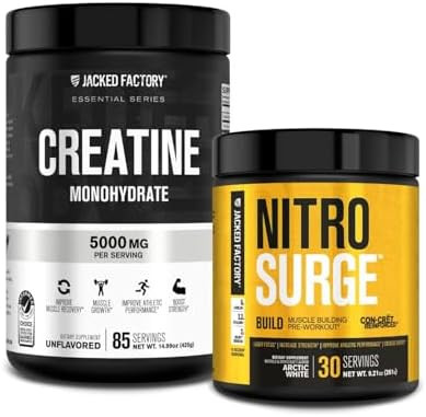 Jacked Factory Nitrosurge Build Pre Workout With Creatine For Muscle Building (30 Servings Arctic White) & Creatine Monohydrate Powder For Muscle Growth & Increased Strength (85 Servings Unflavored)