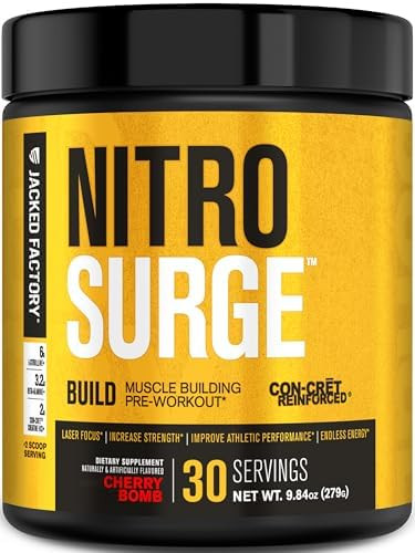 Jacked Factory Nitrosurge Build Pre Workout With Creatine For Muscle Building Con Cret Creatine Powder & Elevatp For Intense Energy Powerful Pump & Endless Endurance 30 Servings Blue Raspberry