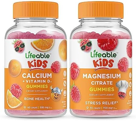 Lifeable Calcium With Vitamin D Kids + Magnesium Kids Gummies Bundle Great Tasting Vitamin Supplement Gluten Gmo Chewable Gummy