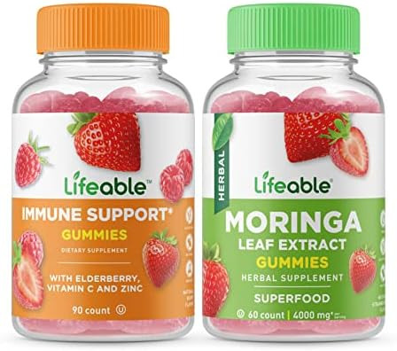 Lifeable Immune Support + Moringa Leaf Gummies Bundle Great Tasting Vitamin Supplement Gluten Gmo Chewable