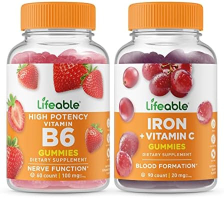 Lifeable Vitamin B6 + Iron With Vitamin C Gummies Bundle Great Tasting Vitamin Supplement Gluten Gmo Chewable
