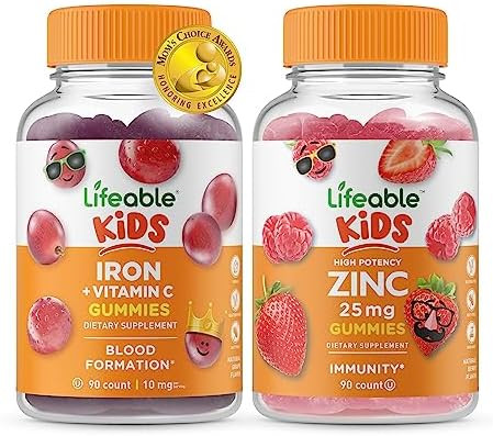 Lifeable Iron & Vitamin C Kids + Zinc 25Mg Kids Gummies Bundle Great Tasting Vitamin Supplement Gluten Gmo Chewable Gummy