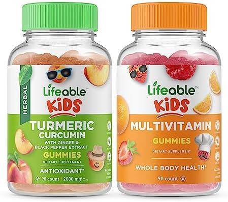 Lifeable Turmeric Curcumin Kids + Multivitamin Kids Gummies Bundle Great Tasting Vitamin Supplement Gluten Gmo Chewable Gummy