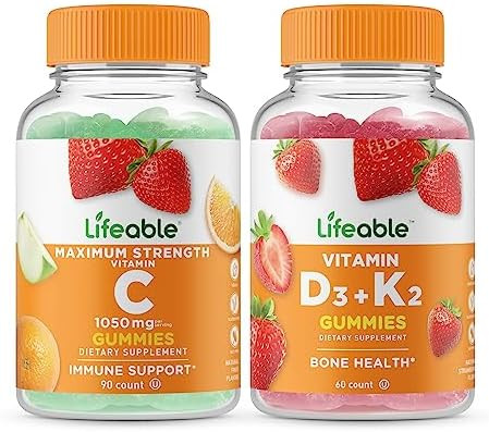Lifeable Vitamin C 1050Mg + Vitamin D3 + Vitamin K2 Gummies Bundle Great Tasting Vitamin Supplement Gluten Gmo Chewable Gummy