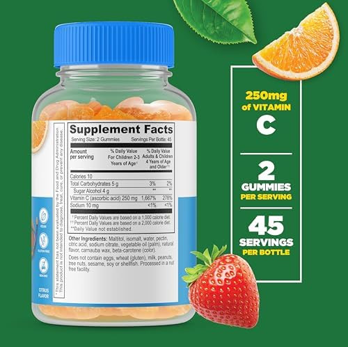 Lifeable Sugar Vitamin C For Kids “ 250 Mg “ Great Tasting Natural Flavor Gummy Supplement “ Vegetarian Gmo Chewable Vitamin “ For Immune Support “ For Children “ 90 Gummies