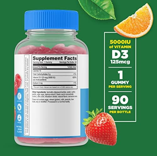 Lifeable Sugar Vitamin D 5000 Iu + Vitamin C Gummies Bundle Great Tasting Vitamin Supplement Gluten Gmo Chewable Gummy