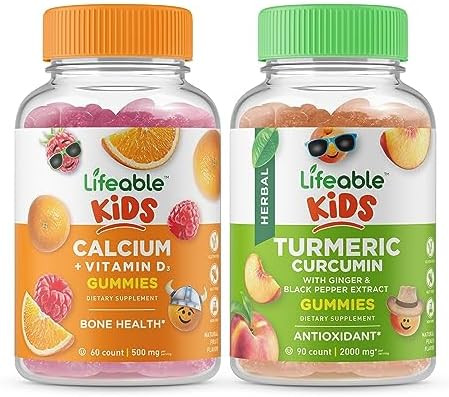 Lifeable Calcium With Vitamin D Kids + Turmeric Curcumin Kids Gummies Bundle Great Tasting Vitamin Supplement Gluten Gmo Chewable Gummy