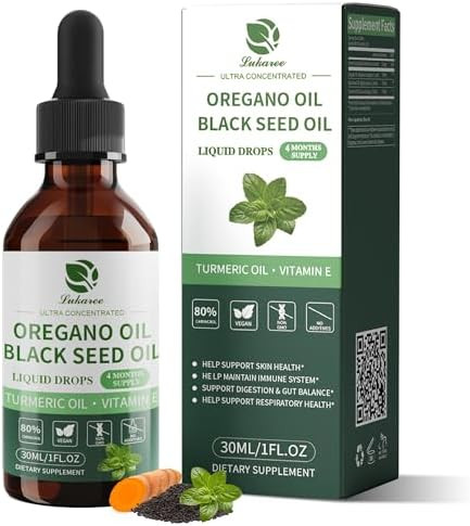 Lukaree Oil Of Oregano With Black Seed Oil 4 In 1 Oregano Oil Drops With Turmeric Oil & Vitamin E 80% Carvacrol Immune Respiratory Digestive “ Vegan Sugar Nongmo “ 8 Month Supply 2 Fl Oz