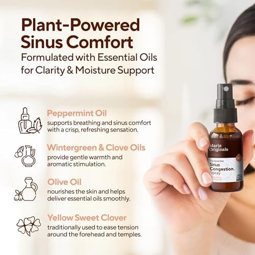Marie Originals Sinus Relief Spray “ Natural Topical Decongestant With Essential Oils For Sinus Discomfort “ Travel Nasal Spray Alternative With Eucalyptus Peppermint & Yellow Sweet Clover “ 1 Fl Oz