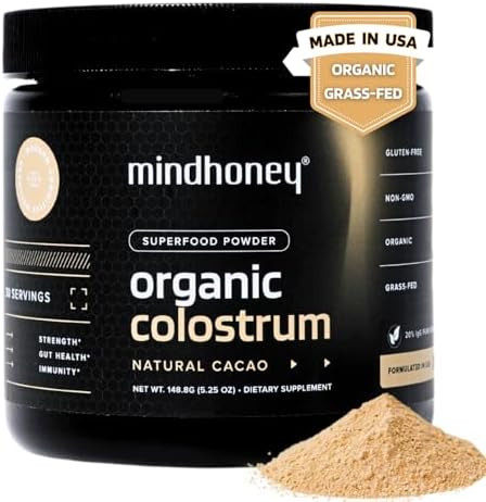 Mindhoney Organic Colostrum Premium Cacao Flavored Superfood Powder Gut Health & Immunity Skin & Hair Antiaging Performance & Recovery Grassfed Pastureraised 30 Servings