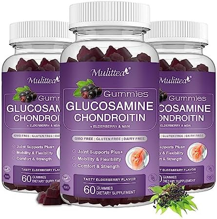 Mulittea 3 Pack Glucosamine Chondroitin Gummies Msm Elderberry Calcium Extra Strength Joint Support Supplement For Relief. Antioxidant Immune Support For Adults Men Women