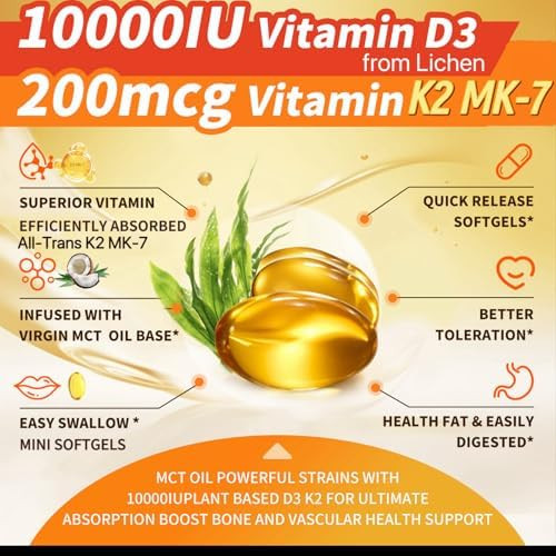 Mulittea Plantbased D3 K2 Vitamin 10000 Iu W/Virgin Coconut Mct Oil 200 Mcg Mk7 Vitamin K2 Nongmo For Ultimate Absorption Bone Immune & Heart Health Easy To Swallow D & K Supplement 180 Softgels