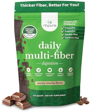 Nbpure Daily Fiber Powder Blend For Digestive Health Cholesterol Support Healthy Weight Management With Prebiotic Insoluble Soluble Fiber + 4 Probiotic Strains Savory Mocha Gusset 45 Servings