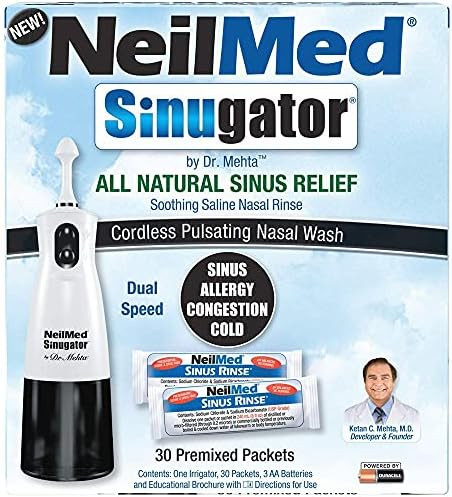 Neilmed Sinugator Cordless Pulsating Nasal Irrigator (Dual Speed) With 30 Premixed Packets And 3 Aa Batteries Black (Pack Of 1)