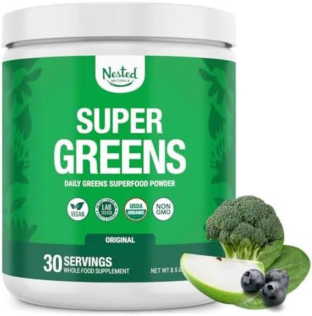 Nested Naturals Super Greens Daily Superfood Powder Usda Organic Green Powder W/20+ Whole Foods Spirulina Powderwheat & Barley Grass Probiotics Fiber & Enzymes Original Flavour 30