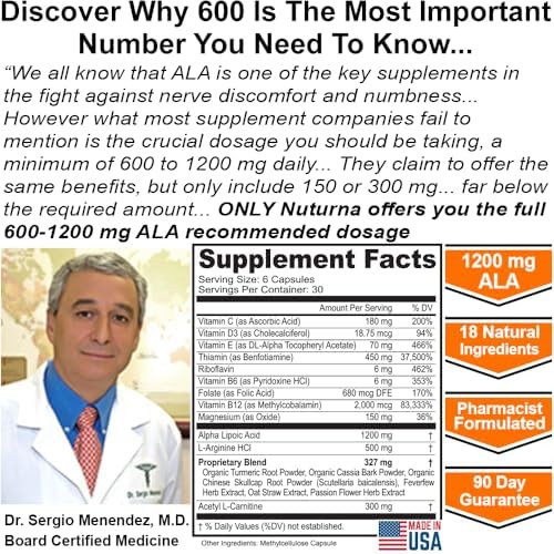 Nuturna Neuropathy Support Supplement With 1200 Mg Pure Alpha Lipoic Acid Maximum Strength Nerve Formula To Fortify Nerves In Fingers Hands Toes & Feet Best Natural Nerve Relief Support 180 Capsules