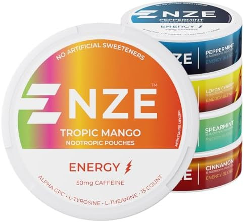Nze Caffeine Nootropic Pouches (Variety Pack) Energy Pouches With 50Mg Caffeine Alpha Gpc Ltyrosine & Ltheanine With No Sugar Or Artificial Sweeteners 15 Pouches Per Can 5 Pack