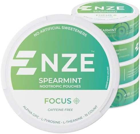 Nze Caffeine Nootropic Pouches (Wintergreen) Nootropic Pouches With Alpha Gpc Ltyrosine & Ltheanine No Sugar Or Artificial Sweeteners 15 Pouches Per Can 5 Pack