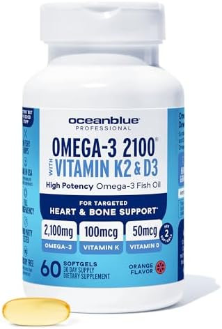 Oceanblue Professional Omega3 2100 With Vitamin K2 And Vitamin D360 Count Triple Strength Burpless Fish Oil Omega3 Supplement With Epa Dha & Dpa Wild Caught Orange Flavor 30 Servings