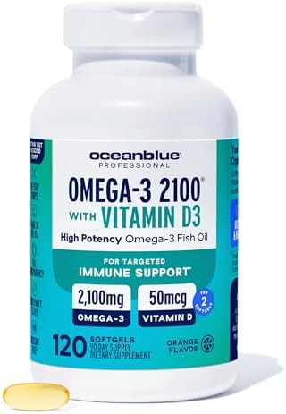 Oceanblue Professional Omega3 2100 With Vitamin D3 “ 120 Ct “ Triple Strength Burpless Fish Oil Supplement With Highpotency Epa Dha Dpa And Vitamin D3 “ Wildcaught “ Orange Flavor (60 Servings)
