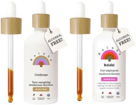Rainbo Alcohol Mushroom Stress Relief Bundle Cordyceps Mushroom Extract + Reishi Mushroom Tincture Dual Extract Daily Mushroom Tinctures For Immune Support Vegan Liquid Mushroom Supplements