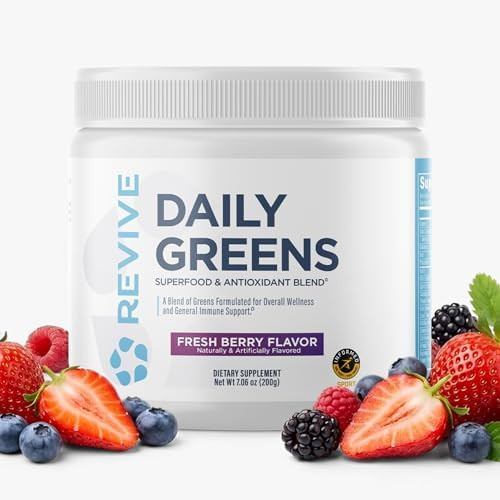 Revive Md Daily Green Powder Superfood (Fresh Berry) Supergreens Powder To Support Energy Levels Green Juice That Improves Fiber Intake Vegetable Supports Digestion And Gut Health (30 Servings)