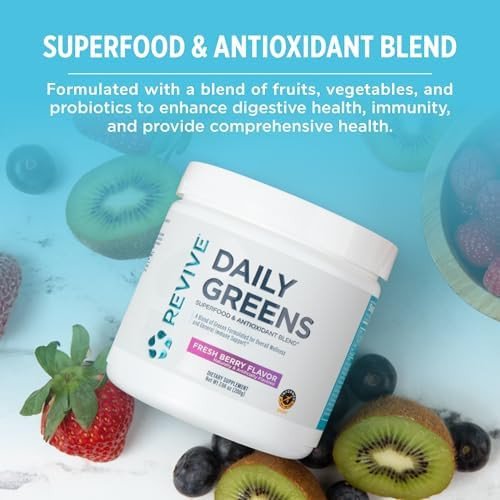 Revive Md Daily Green Powder Superfood (Fresh Berry) Supergreens Powder To Support Energy Levels Green Juice That Improves Fiber Intake Vegetable Supports Digestion And Gut Health (30 Servings)