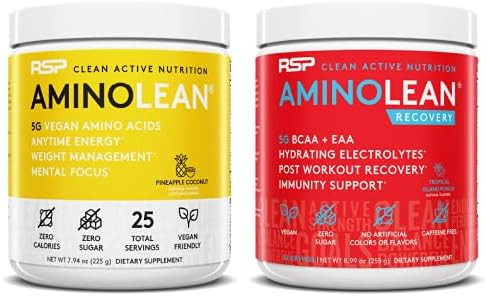 Rsp Nutrition Vegan Aminolean Pre Workout Energy (Pineapple Coconut 25 Servings) With Aminolean Recovery Post Workout Boost (Tropical Island Punch 30 Servings)