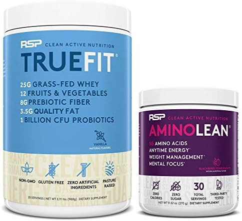 Rsp Nutrition Aminolean Pre Workout Energy (Blackberry Pomegranate 30 Servings) With Truefit Protein Powder (Vanilla 2 Lb)