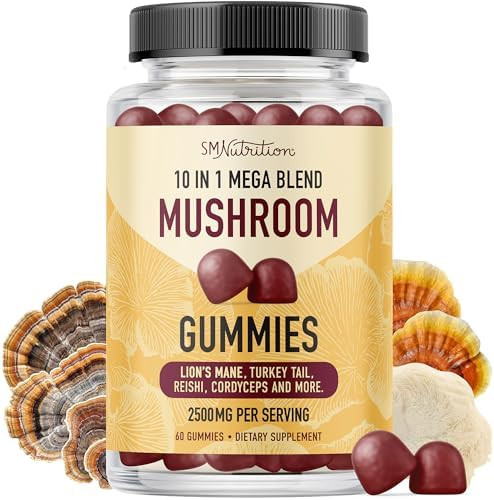 Smnutrition Mushroom Gummies For Adults With Lions Mane Turkey Tail Reishi Cordyceps Chaga & Maitake Support Cognitive Function & Immune Health Raspberry Flavor 60Ct