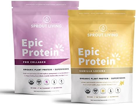 Sprout Living Epic Protein Bundle Vanilla Lucuma & Pro Collagen (20G Organic Plantbased Protein Powder Vegan Gluten Superfoods) 1Lb 12 Servings