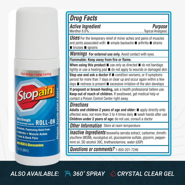 Stopain Pain Relief Roll On Gel 3oz, USA Made, Max Strength Fast Acting with MSM, Glucosamine, Menthol for Arthritis, Lower Back, Knee, Neck, HSA FSA Approved OTC Topical Analgesic Products