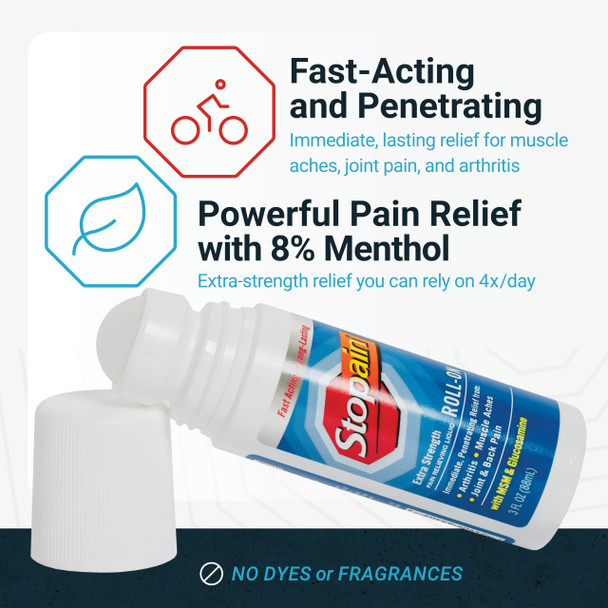 Stopain Pain Relief Roll On Gel 3oz, USA Made, Max Strength Fast Acting with MSM, Glucosamine, Menthol for Arthritis, Lower Back, Knee, Neck, HSA FSA Approved OTC Topical Analgesic Products