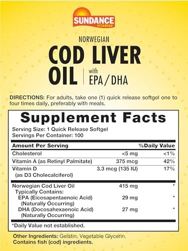 Sundance Norwegian Cod Liver Oil 100 Softgels With Epa And Dha Good Source Of Vitamins A & D Nongmo And Gluten Supplement